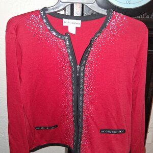 Cathy Daniels Red Black Embellished Sparkle Cardigan Sweater Full Zip Sz XL